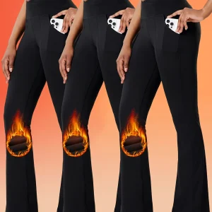 3pcs Women's Fleece-Lined High-Waist V-Cross Flare Leg Yoga Pants with Pockets